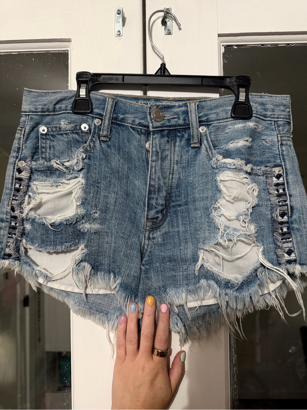 Womens AE Distressed Blue Denim Cutoff Shorts